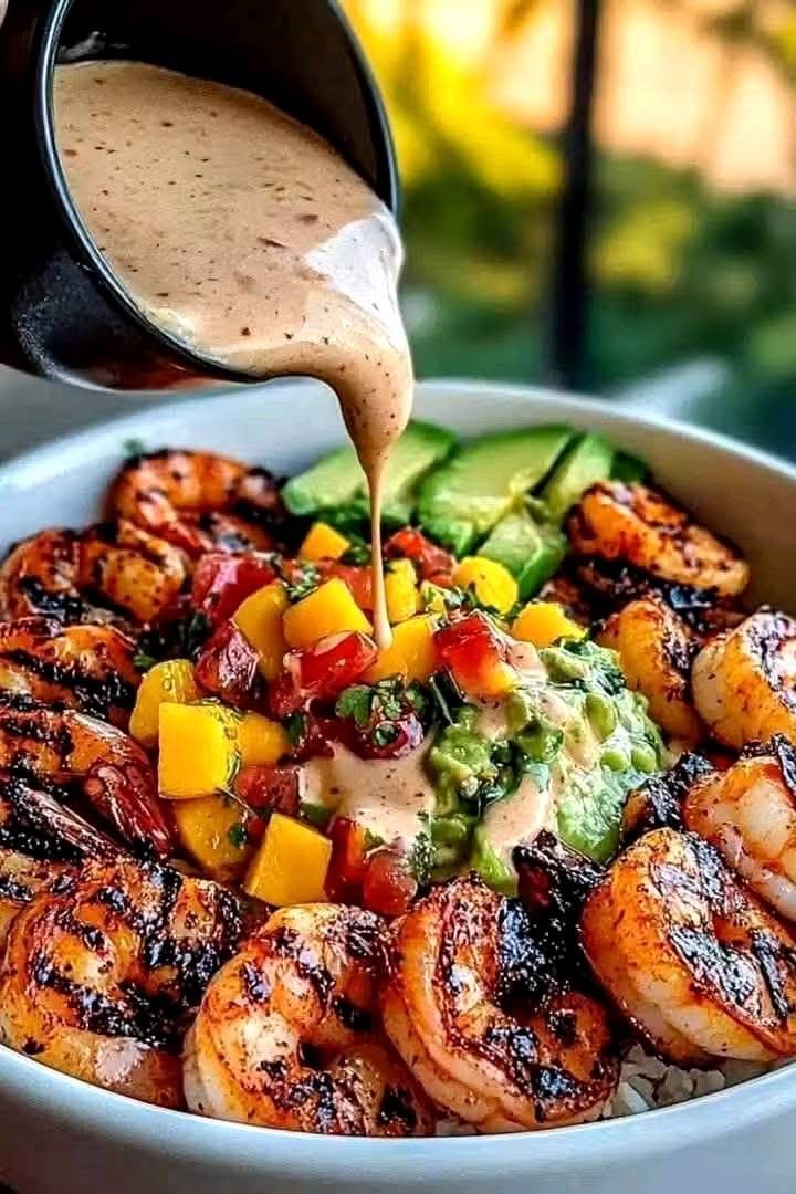 Tropical Grilled Shrimp Bowl with Mango Salsa & Avocado
