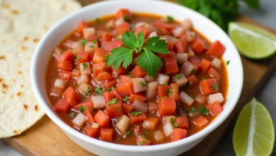 A vibrant bowl of Chipotle Pico de Gallo with diced tomatoes, onions, cilantro, and chipotle peppers, garnished with lime wedges.